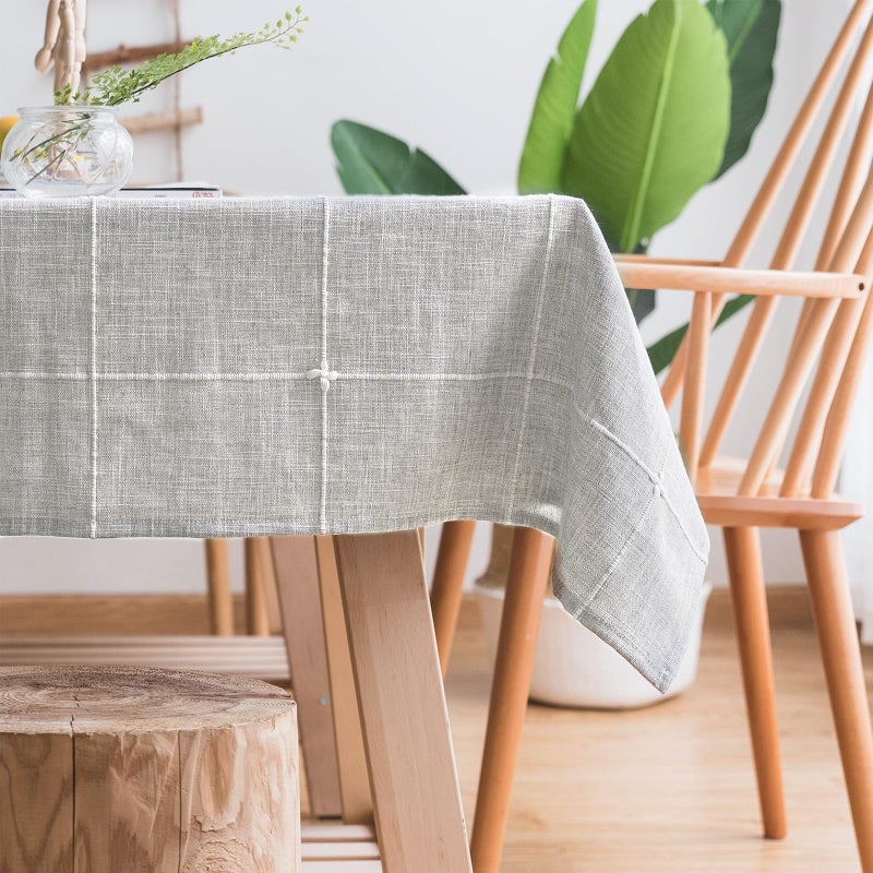 ColorBird Solid Embroidery Lattice Tablecloth Cotton Linen Dust-Proof Checkered Table Cover for Kitchen Dinning Tabletop Decoration (Rectangle/Oblong, 52 x 70 Inch, Grey) - Image 1